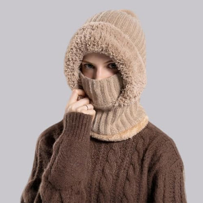 Women’s Knitted Beanie Hat with Face Cover - 3 in 1 Winter Balaclava with Mask Scarf Ear Muffs Pompom Fleece Lined Snow Caps - color: Brown-a