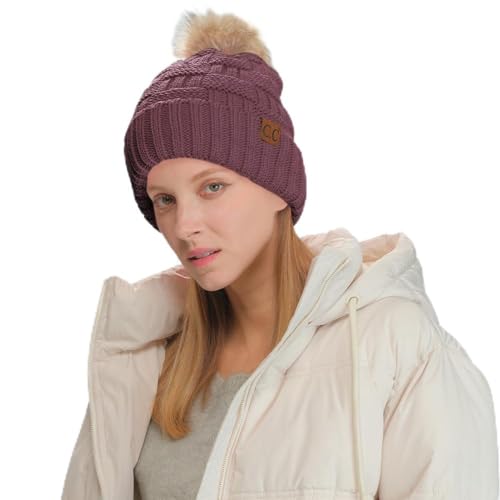 C.C Knit Beanie Hat – Fuzzy Fleece Lined Warm Winter Hat, Faux Fur Pom Soft Stretchy Slouchy Knit Cap, Cold Weather Beanie - color: Coco Berry