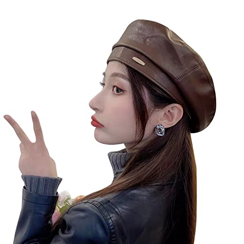 Women Classic PU Leather French Beret Beanie Hat Pumpkin Cap - color: Coffee 2#