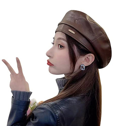 Women Classic PU Leather French Beret Beanie Hat Pumpkin Cap - color: Coffee 2#