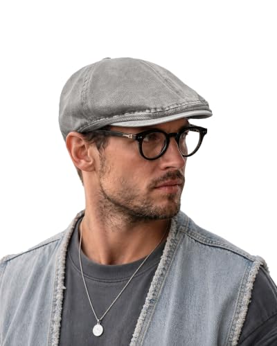 Clakllie Octagonal Newsboy Hat with Chic Stripe Design Herringbone Ivy Cabbie Hat Denim Cotton Gatsby Driving Cap for Daily - color: Nb2610-washedgray