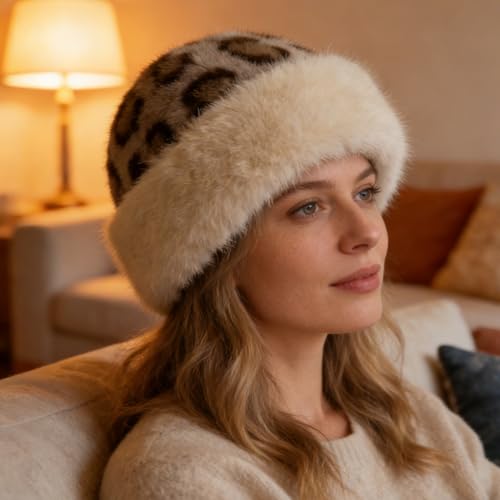 Winter Faux Fur Bucket Hat for Women, Cozy Leopard Print Cheetah Fuzzy Hat