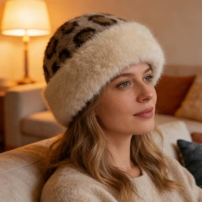 Winter Faux Fur Bucket Hat for Women, Cozy Leopard Print Cheetah Fuzzy Hat