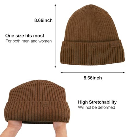 ZTL Merino Wool Beanie Hat for Men Women, Thick Warm Fleece Lined Knit Winter Hats Cuffed Beanie Stocking Hat Ski Skull Cap - color: Brown