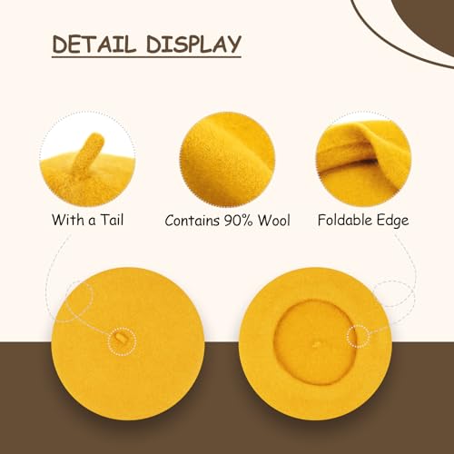Gllutt Women Wool Beret Hat French Style Solid Color - color: Chrome Yellow