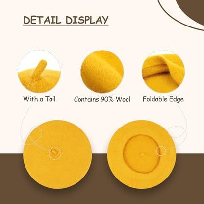 Gllutt Women Wool Beret Hat French Style Solid Color - color: Chrome Yellow