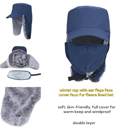 Trapper Hat Warm Faux Fur Winter Cap with Ear Flaps Windproof Waterproof Snow Ski Hats for Men Women Cold Weather - color: Navy Blue