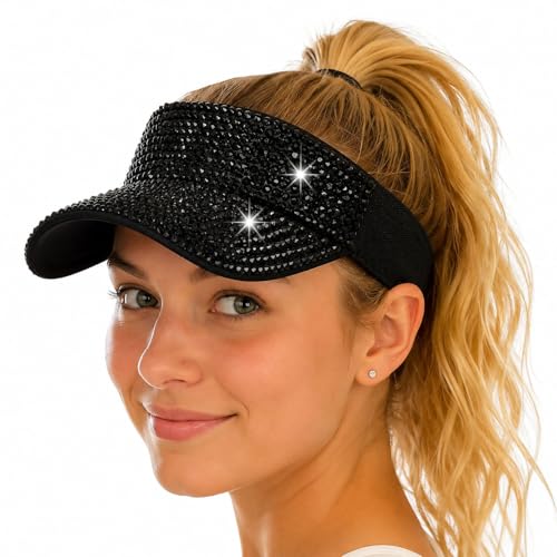 Shiny Women's Bling Rhinestone Visor Sun Protection for Tennis Golf Beach - color: Blackblack
