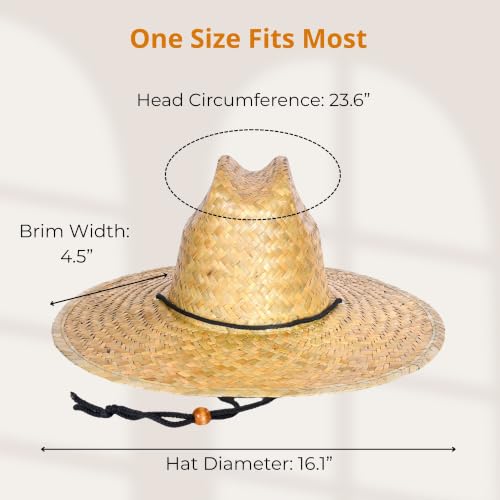 6 Pack Straw Hats – Bulk Wide Brim Lifeguard Sun Hats for Men & Women with Adjustable Chin Strap - color: Natural Straw