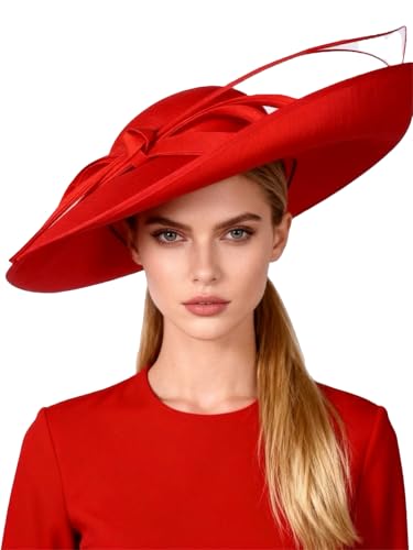 Big Wide Brim Fascinator Hats for Women Ladies Kentucky Tea Party Dress Flat Top Fedoras Hat with Bow Feather - color: Red
