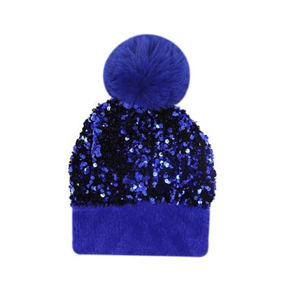 Women Girls Winter Sequin Beanie Hat with Faux Fur Pom Pom Knit Skull Cap - color: Blue