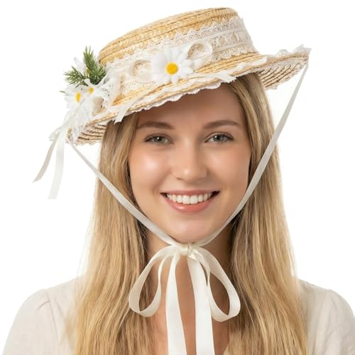 Victorian Tea Party Sun Hat, Wide Brim Straw Flat Cap - color: White