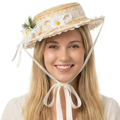 Victorian Tea Party Sun Hat, Wide Brim Straw Flat Cap - color: White