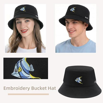ZLYC Cotton Bucket Hat for Women Men Embroidered Packable Summer Sun Cap - color: Blue Angelfish Black