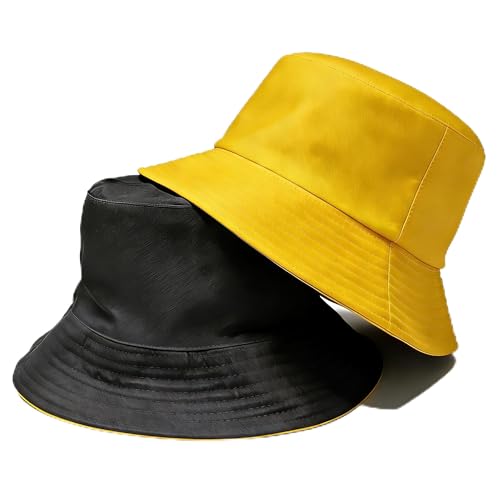 Bucket Hat for Men and Women 2-in-1 Reversible Sun Protection Fashion Flat Top Cap for Fishing Travel Beach Sports - color: Yellow-black