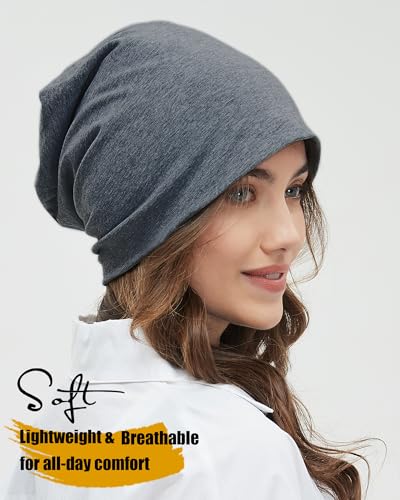 ROYBENS 100% Cotton T-Shirt Beanie for Women Men Slouchy Soft Skull Cap - color: 2pcs-dark Grey, Light Grey