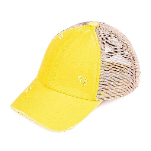C.C. Childrens' Kids' Girls' Criss Cross High Bun Adjustable Mesh Trucker Baseball Cap - color: Cotton Twill, Lemon