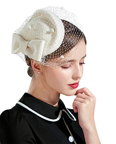 Z&X British Vintage Wool Felt Pillbox Hat Ladies Church Derby Winter Fascinator Hat Veil Flower Fedoras - color: 011 White