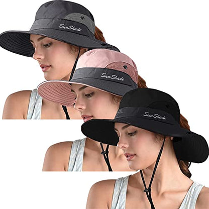 ZOORON Women's Ponytail Safari Sun Hat,Wide Brim UV Protection Bucket Hat - color: 3-black+grey+pink