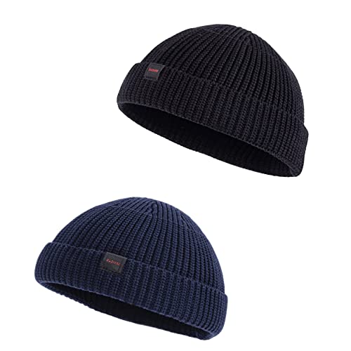 2 Pack Fisherman Beanie Hats for Men Women,Knit Trawler Skull Cap,Watch Cap,Spring Fall Winter Warm Short Hats - color: (Cotton) 2pcs:black+midnight(m)