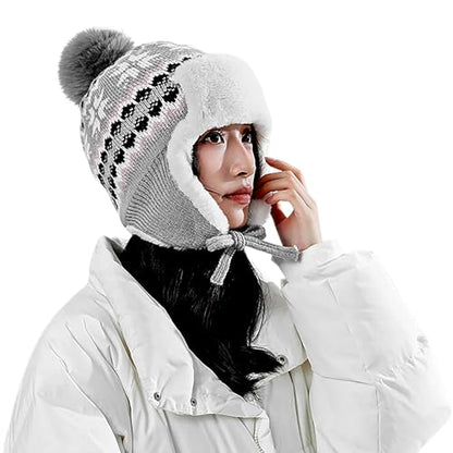 IPENNY Women's Winter Faux Fur Lined Trapper Hat, Warm Knitted Beanie with Pom Pom & Earflaps, Warm Ski Cap for Cold Weather - color: Grey