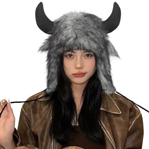 Holiberty Cute Animal Horns Ears Winter Hat Plush Fur Warm Trapper Hat Funny Viking Christmas Halloween Costume Snow Ski Hat - color: Grey, With Buffalo Horns