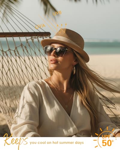 Straw Sun Hat for Men Women Short Brim Beach Trilby Hat UPF 50+ - color: Khaki