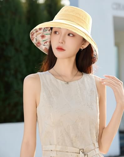 HUAMULAN Women Wide Brim Reversible Sun Hat Summer Beach Fishing Bucket - color: Yellow Floral