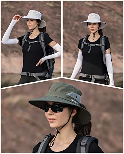 IYEBRAO 2 Pack Womens Ponytail Sun Hat UV Protection Bucket Hats Foldable Wide Brim Summer Boonie Beach Cap Fishing Hiking… - color: Pure Beige & Army Green