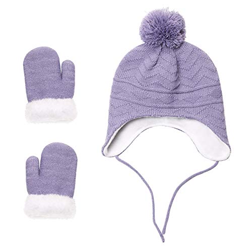 jerague Hats and Gloves Set for Kids Toddler Baby Girls Boys Warm Earflap Beanie Fleece Hats Mittens - color: Violet Blue, size: 3-6 Years