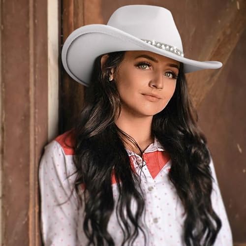 DRESHOW Western Cowboy Hat for Women and Men Wide Brim Glitter Cowboy Cowgirl Hat with Rhinestone Felt Fedora Hats - color: 1 Pack Style 10: White