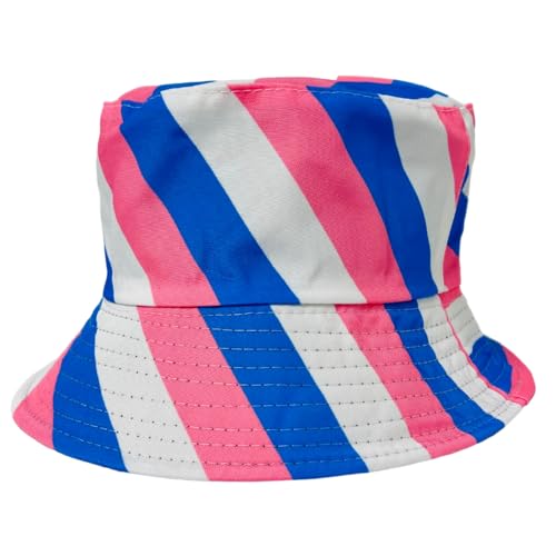 Pride Unisex Bucket Hat Reversible Double-Side-Wear Packable for Travel, Outdoors, and Beach - color: Pink/Blue/White Stripes