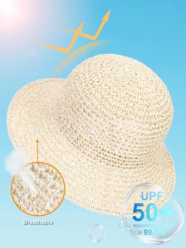 sy soul young Women's Straw Sunhat Wide Brim Hand Woven Beach Bucket Hat - color: Beige & Khaki