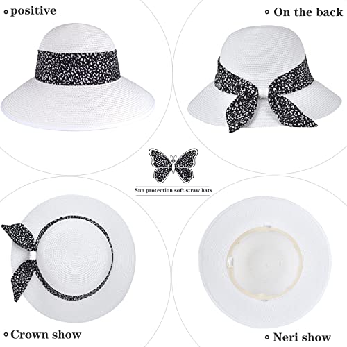 Womens Straw Sun Hat Summer Beach Wide Brim UV Protection Hats with Chin Strap Floppy Foldable Cute Bowknot UPF 50 Cap - color: Leopard White