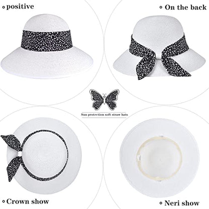 Womens Straw Sun Hat Summer Beach Wide Brim UV Protection Hats with Chin Strap Floppy Foldable Cute Bowknot UPF 50 Cap - color: Leopard White