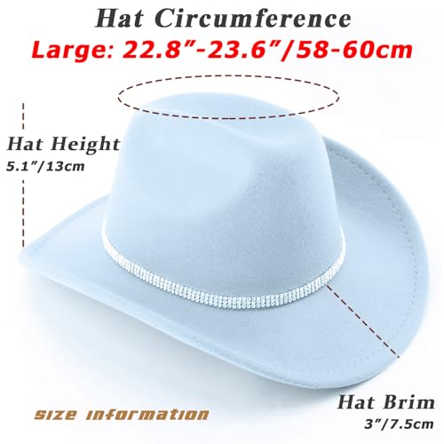 Western Cowboy Hats for Women Classic Felt Wide Brim Fedora Hat with Belt Buckle Retro Panama Hat Unisex Rolled up Cap - color: 1 Pack : Light Blue With 3 Rhinestones Bands