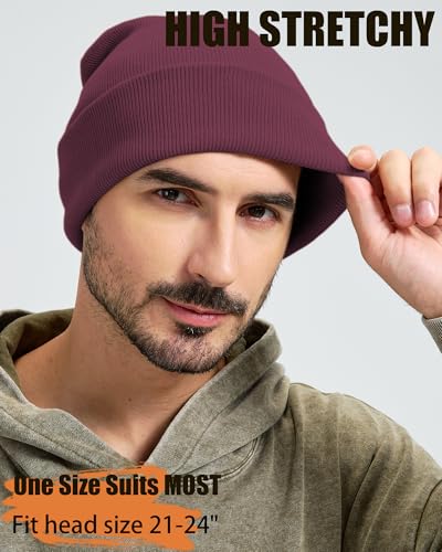 100% Cotton Beanie Lengthen Cuffed Beanies Knit Winter Hats Unisex - color: 1-wine Red
