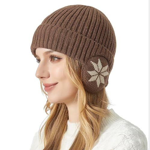 Knit Beanie Hat with Earflaps – Winter Warm Thick Fleece Lined Ski Skull Cap for Men Women - color: Khaki