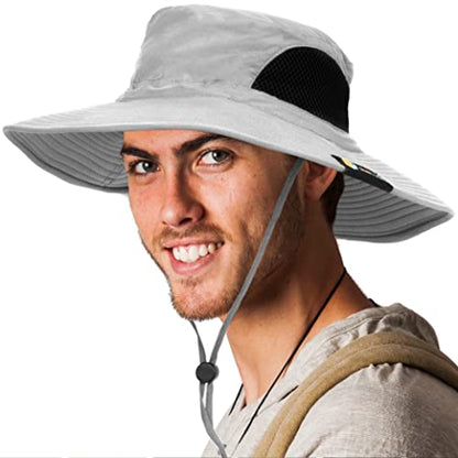 SUN CUBE Wide Brim Sun Hat for Men & Women, UPF 50+ UV Protection, Mesh Boonie Hat with Chin Strap, Fishing Hiking Hat - color: Light Grey
