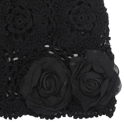 ZLYC Women Cotton Crochet Slouchy Beanie Hat Handmade Knit Summer Skull Cap - color: Decorative Flowers Black