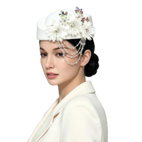 Women's Retro British Felt Headscarf Hat Church Derby Headdress with Floral Women's Soft Beret - color: 02 White