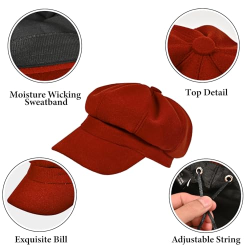 Women’s Newsboy Cap Wool Blend Retro Solid Color Girls Fashion Gatsby Cabbie Visor Beret Hat - color: Red