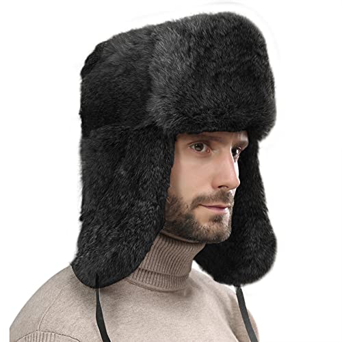 Clobeau Men's Faux Fur Trapper Hat Trooper Trapper Hat Warm Winter Hats Hunting Hats Ear Flaps Snow Ski Cycling Caps - color: Black
