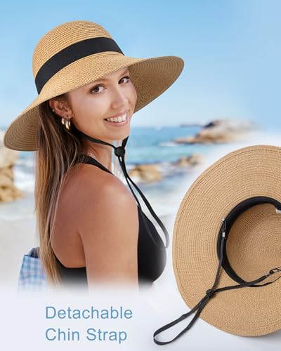 Sun Straw Hats for Women, Wide Brim Summer Beach Hat - color: Khaki, size: X-Large