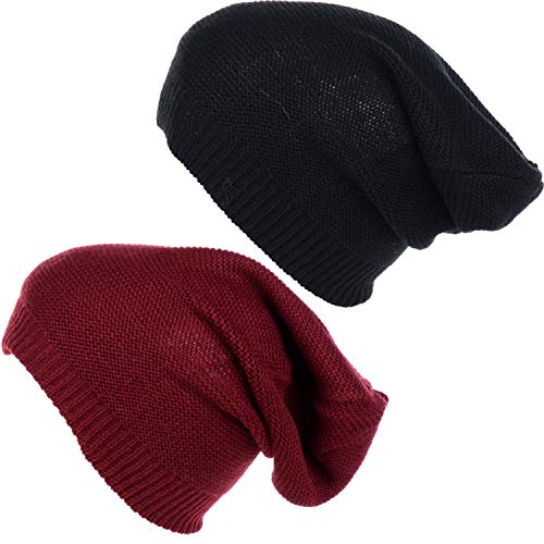 an Unisex Striped Knit Slouchy Beanie Hat Lightweight Soft Fashion Cap - color: 5014-2pk-burg