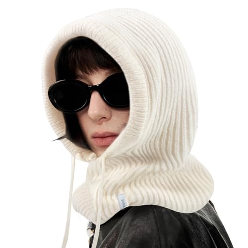 Stilldawn Hooded Scarf Beanie for Women&Men,Balaclava Winter Hat,Knit Skull Cap Neck Gaiter,Warm Premium Polyester Scarf Hat - color: Beige