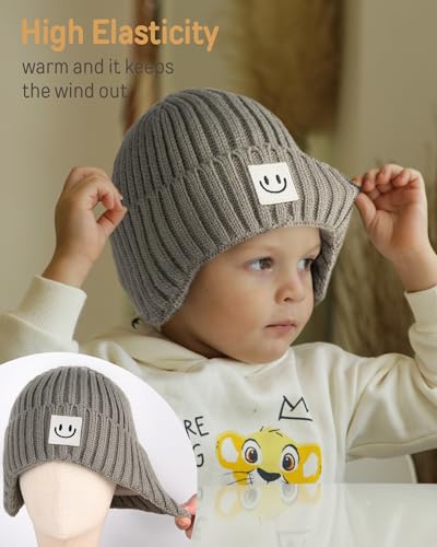 FURTALK Baby Beanie Toddler Winter Warm Hat Infant Soft Fleece Lined with Earflap Cute Knit Kids Caps - color: Grey+green, size: 0-6 Months