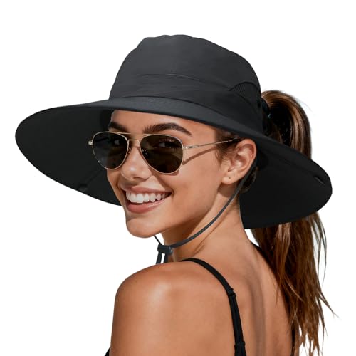 PFFY Sun Beach Hats for Women Men Wide Brim Fishing Bucket Hat - color: Black