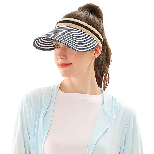 Women Summer Sun Hat Lady's Portable Beach Visor Bowknot Straw Hat - color: Navy Stripe
