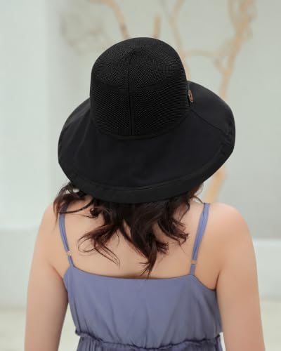 Women Wide Brim Sun Hats Metal Wired Edge Summer UV Protection Beach Fishing Hat for Hiking Garden Travel Chin Strap - color: B2-fyu001-black, size: One Size